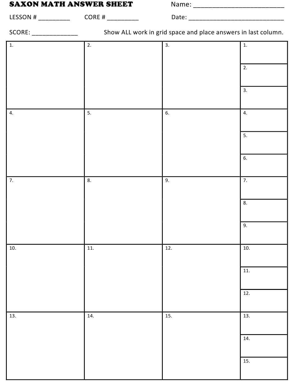 Saxon Math Answer Sheet Template Download Printable PDF Templateroller