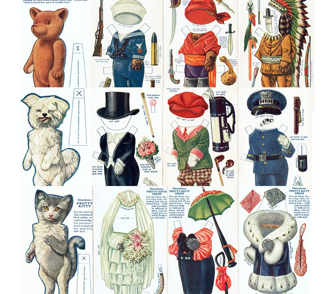 Animal Paper Dolls Bear Dog Cat Printable Digital Download Item in Printable Paper Doll Animals