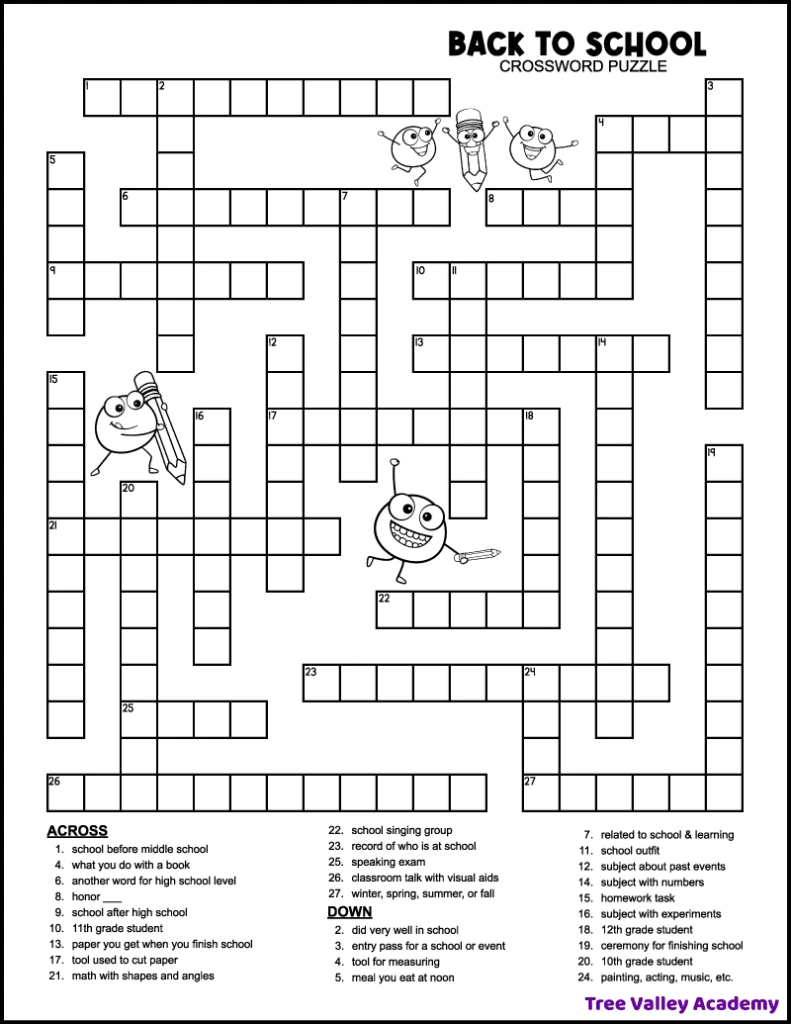 Back To School Crossword Middle School - Tree Valley Academy for Free Printable Paper Puzzles