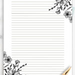 Black And White Floral Lined Paper, Printable Stationery Paper Inside Black And White Printable Paper