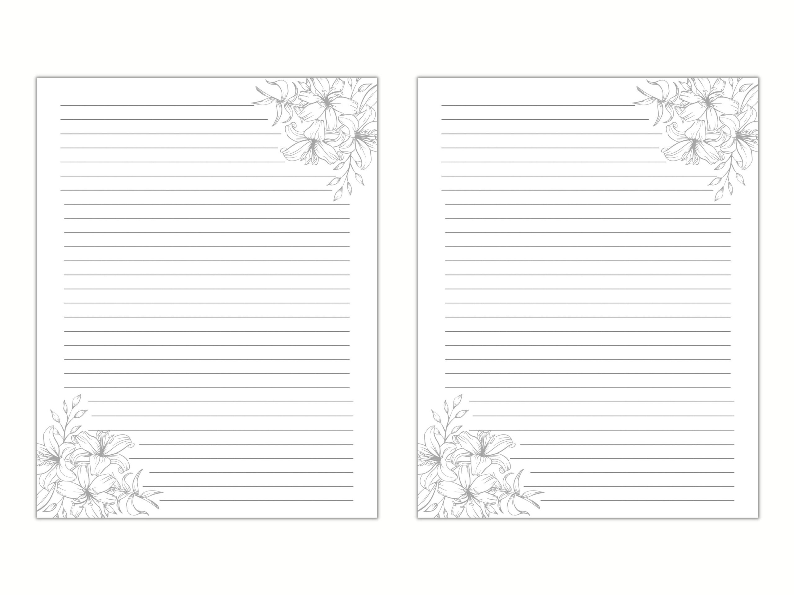 Black And White Floral Lined Paper, Printable Stationery Paper within Black And White Printable Paper