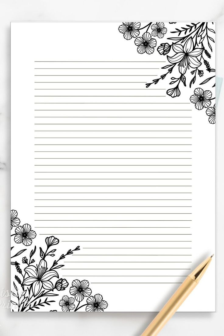 Black And White Floral Lined Paper, Printable Stationery Paper within Free Printable Paper For Writing Letters