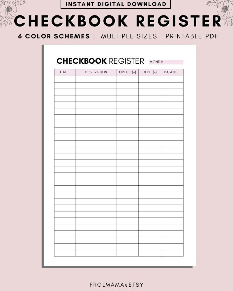 Checkbook Register Printable, Transaction Register, Planner with Printable Paper Net Check Register