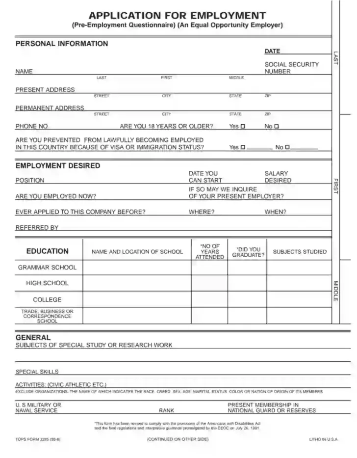 Printable Paper Job Applications