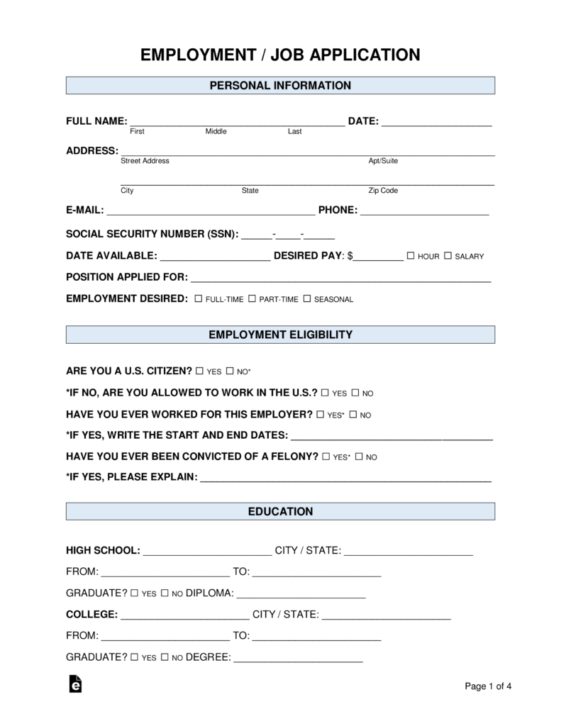 Free Job Application Forms (2) - Pdf | Word – Eforms regarding Printable Paper Job Applications