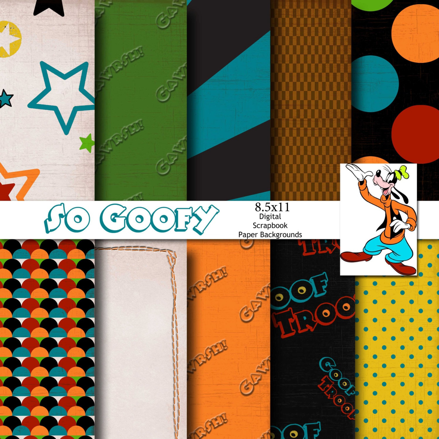 Goofy Inspired 8.5X11 A4 Digital Paper Backgrounds For Digital Scrapbooking, Party Supplies, Etc -Instant Download - throughout Goofy Printable Paper