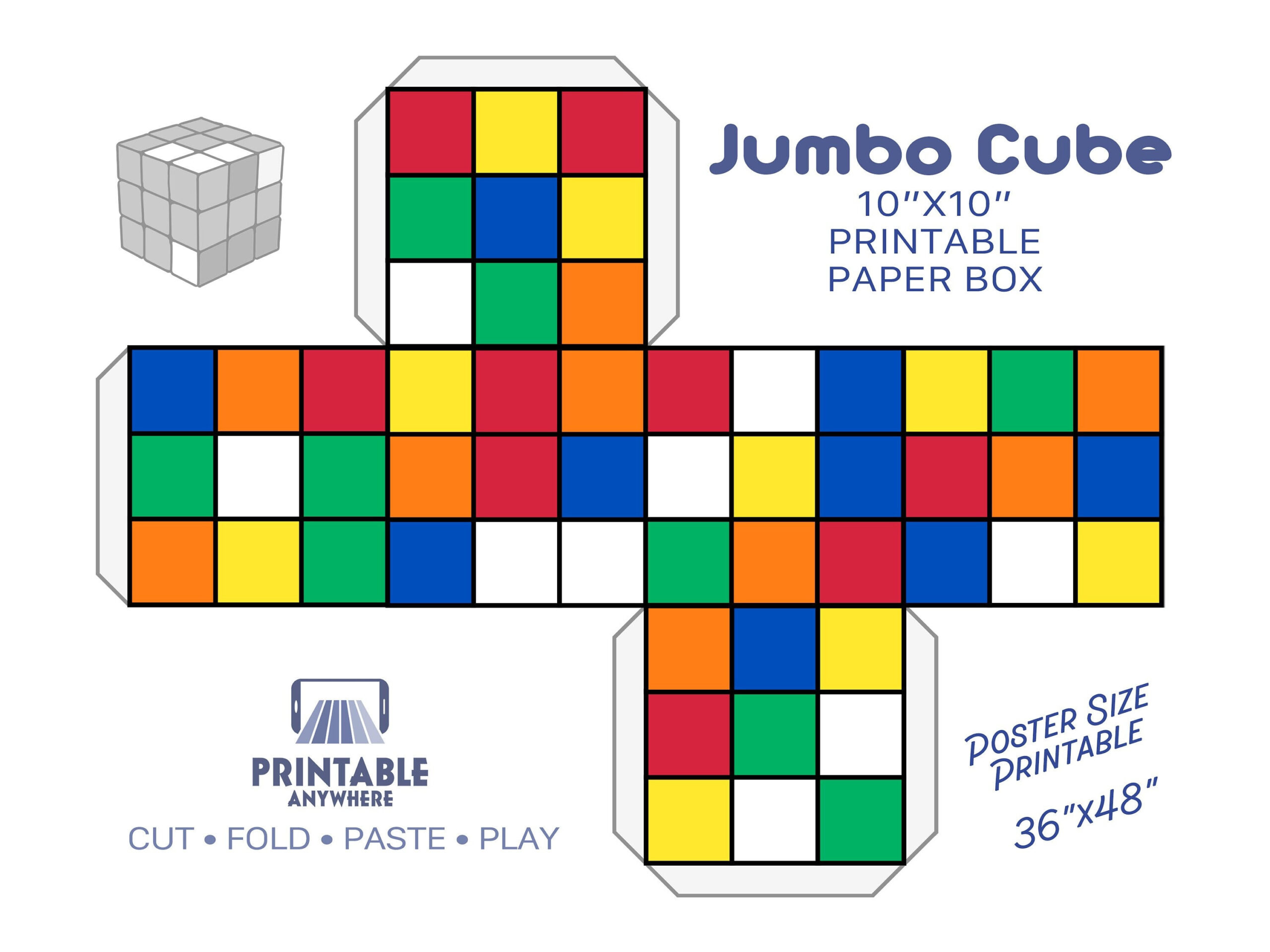 Jumbo Rubiks Cube Box 10 Inches Prints On 36X48 Poster Retro Party inside Printable Paper Rubik&amp;amp;#039;s Cube Template