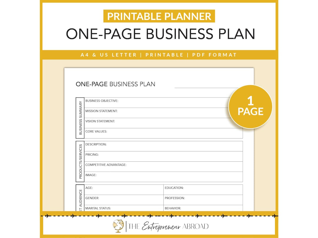 One Page Business Plan, Printable, Business Planner, Entrepreneur intended for Printable Paper Business