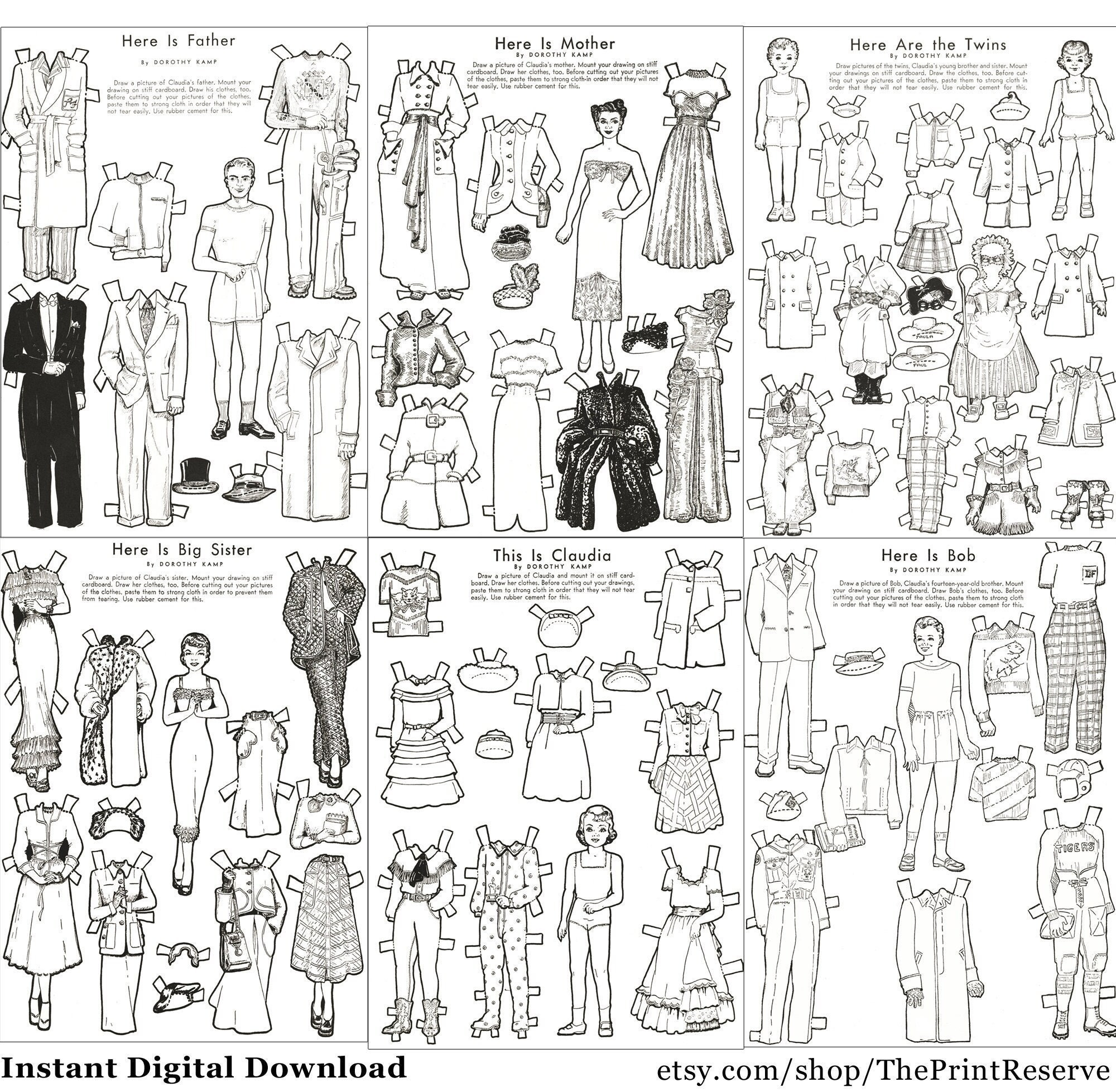 Paper Doll Family Coloring Pages Printable Instant Digital with regard to Printable Paper Doll Family