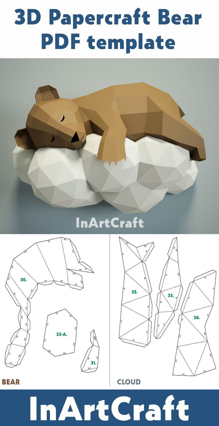 Papercraft Bear On A Cloud, Paper Craft 3D Origami Kit, 3D for Printable 3D Paper Animals Templates