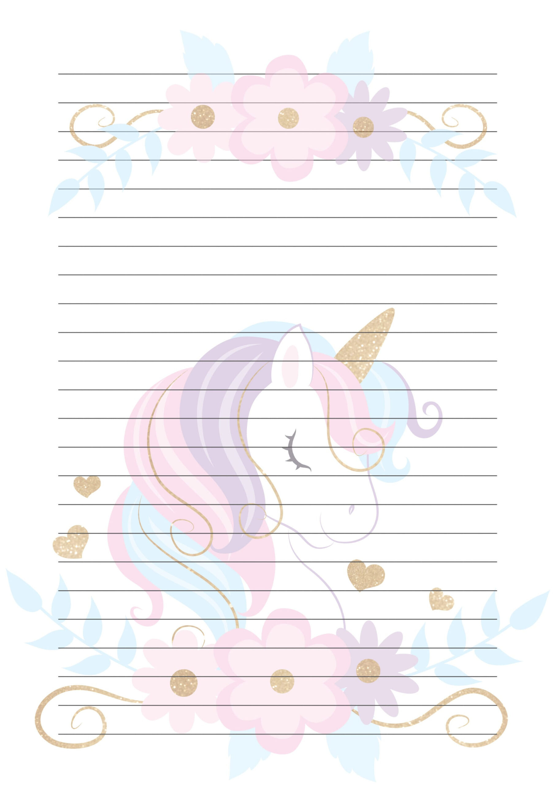 Pastel Unicorn Lined A4 Writing Paper, Instant Download, Printable Writing Paper, regarding Unicorn Printable Paper