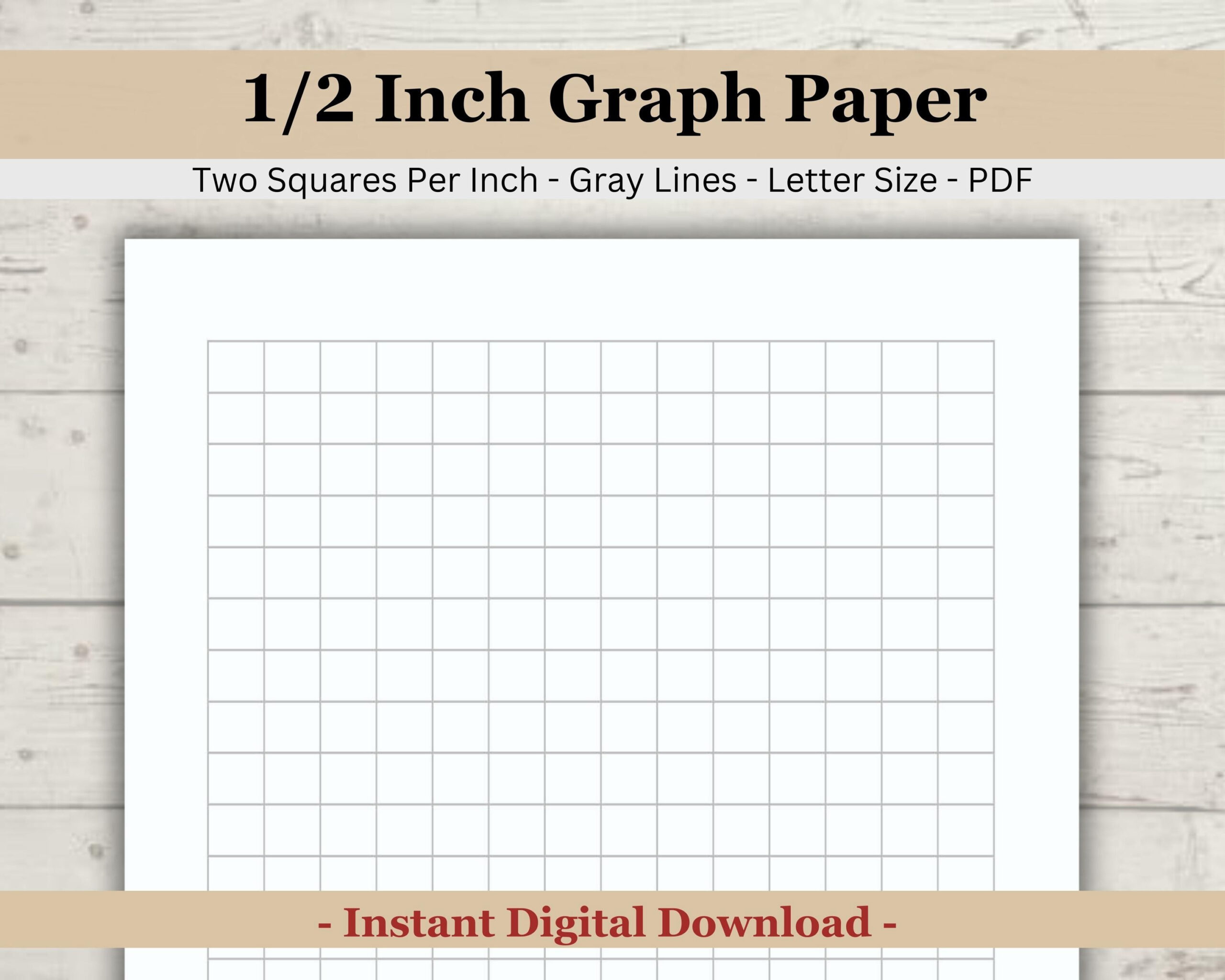 Printable Half Inch (.50 Inch) Graph Paper, Two Squares Per Inch with Grid Paper Printable 1/2 Inch