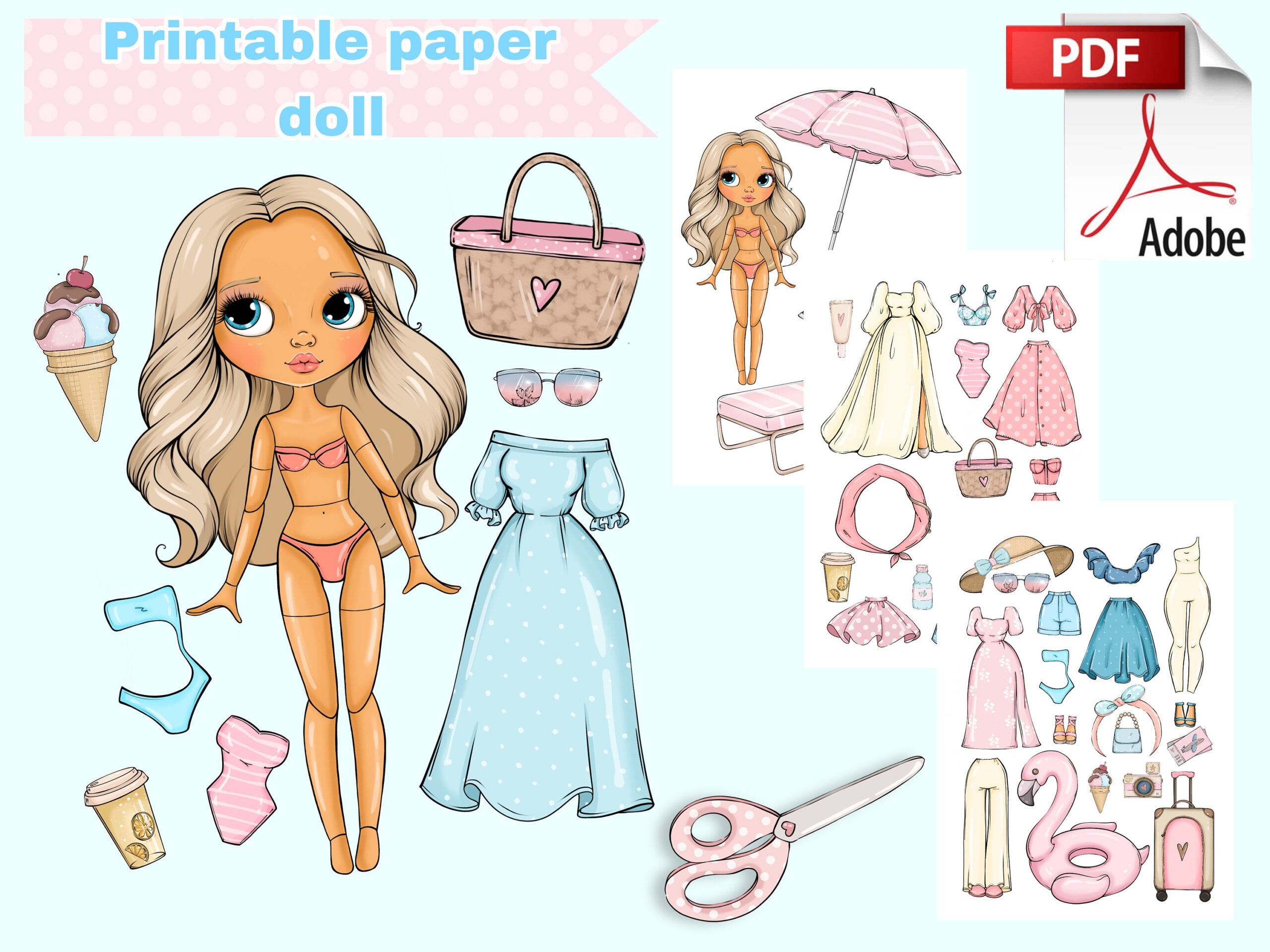 Printable Paper Doll Summer Blythe With Clothes - Digital Pdf for Pdf Printable Paper Dolls