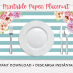 Printable Paper Placemat, Teal Blue Stripes Pink Flowers, Floral Within Printable Paper Placemats