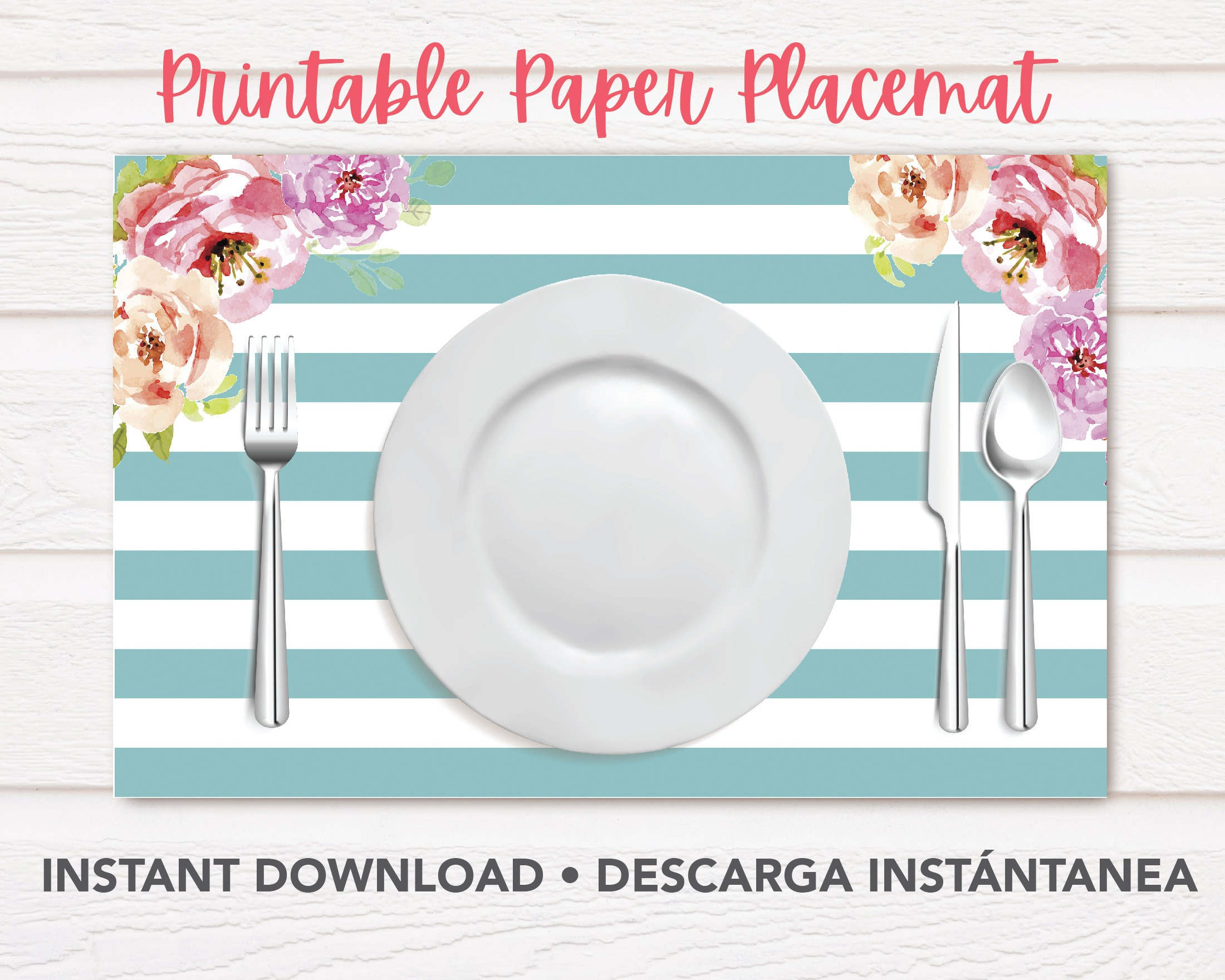 Printable Paper Placemat, Teal Blue Stripes Pink Flowers, Floral within Printable Paper Placemats