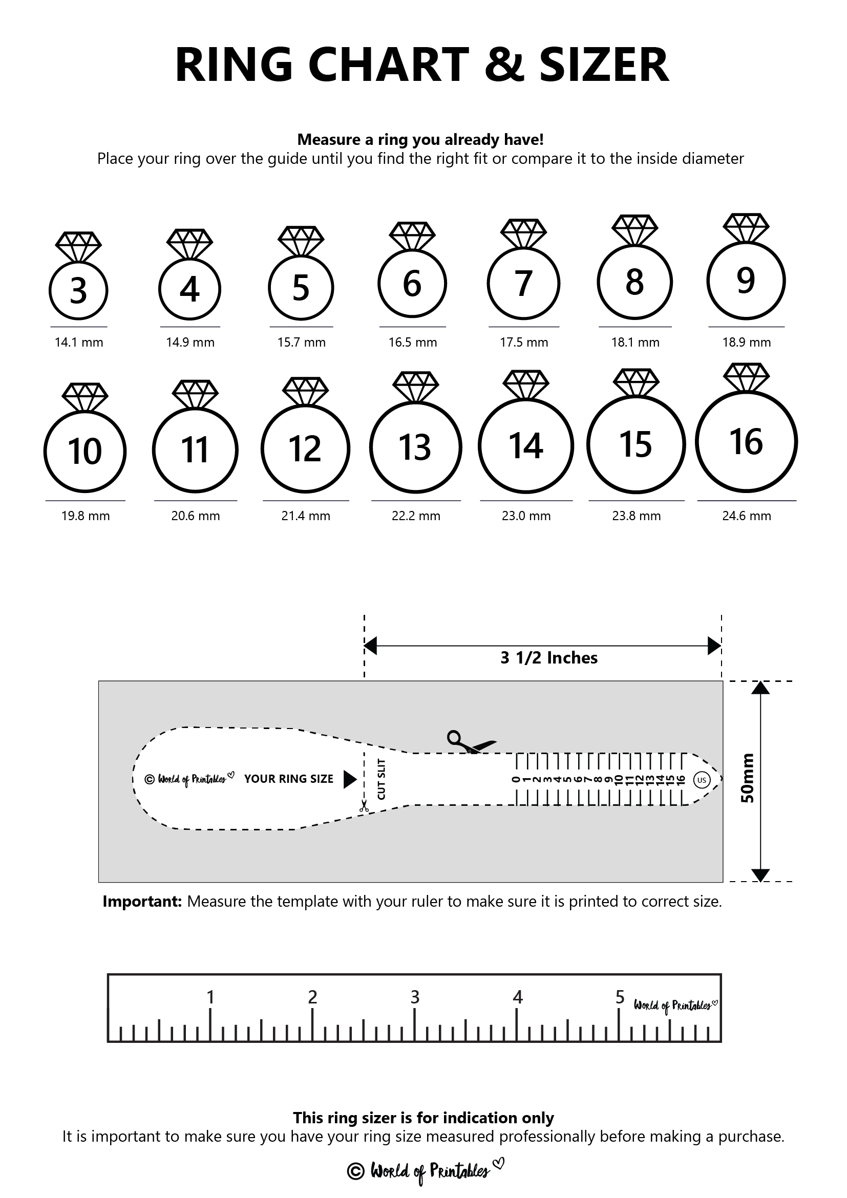 Printable Ring Size Chart - Find Your Ring Size Easy - World Of within Printable Paper Strip Ring Sizer