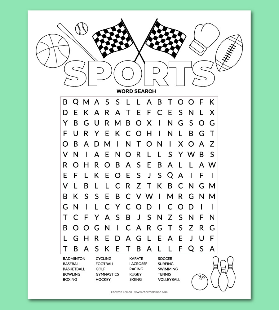 Printable Sports Word Search Puzzle - Chevron Lemon with Printable Paper Puzzle Games