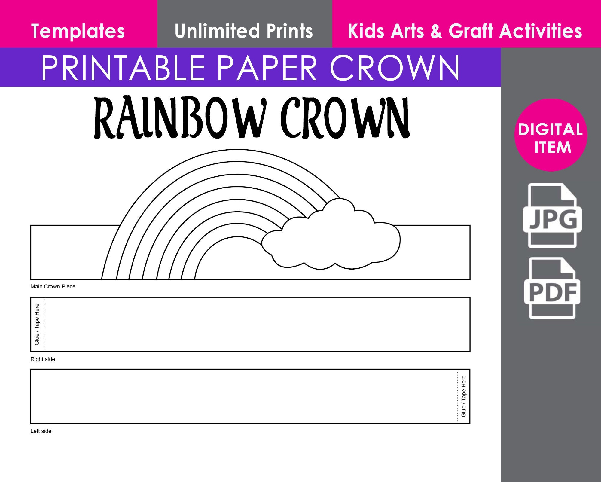 Rainbow Paper Crown, Print And Cut Crown Template, Party Décor inside Printable Paper Crown Template