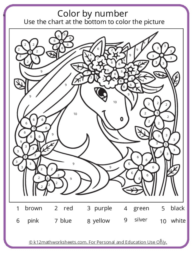 Unicorn Colornumber Pages - K12 Math Worksheets with Color By Number Printable Paper